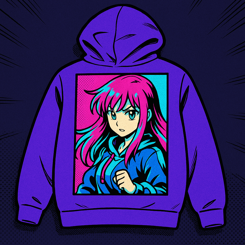 NexusWave original anime print hoodie laid flat on a dark studio surface