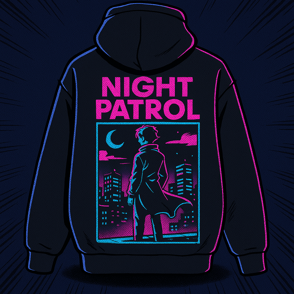 Heavyweight anime hoodie with an original line-art back print in magenta and cyan