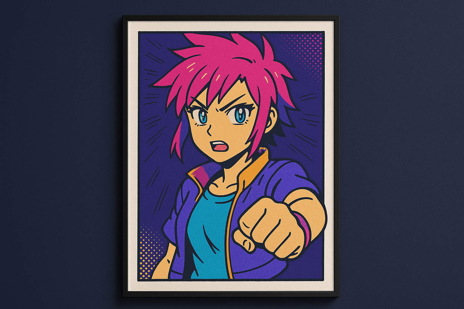 Framed giclee anime art print with bold ink outlines on a textured background