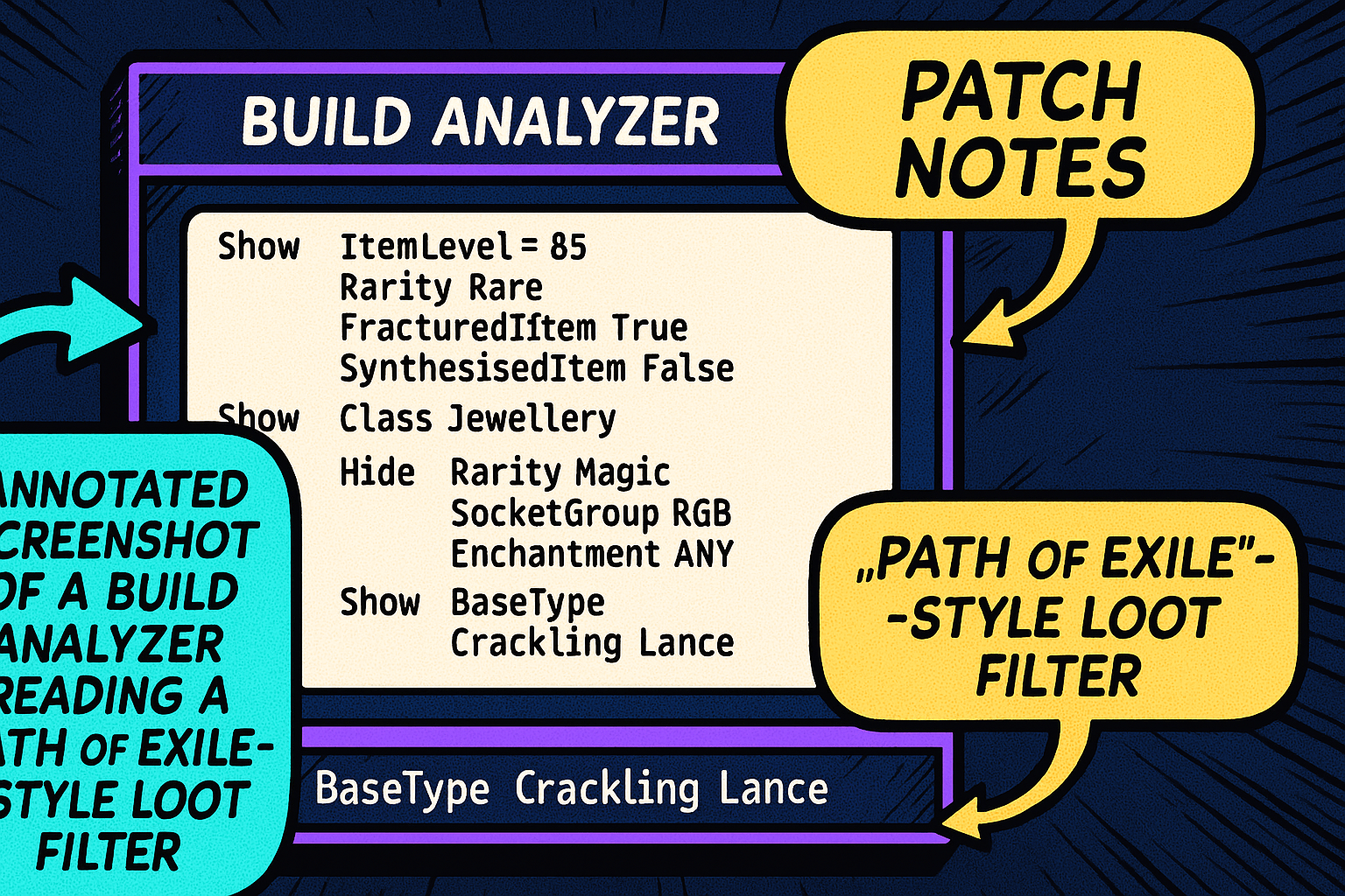 Annotated screenshot of the NexusWave Build Analyzer reading a Path of Exile loot filter