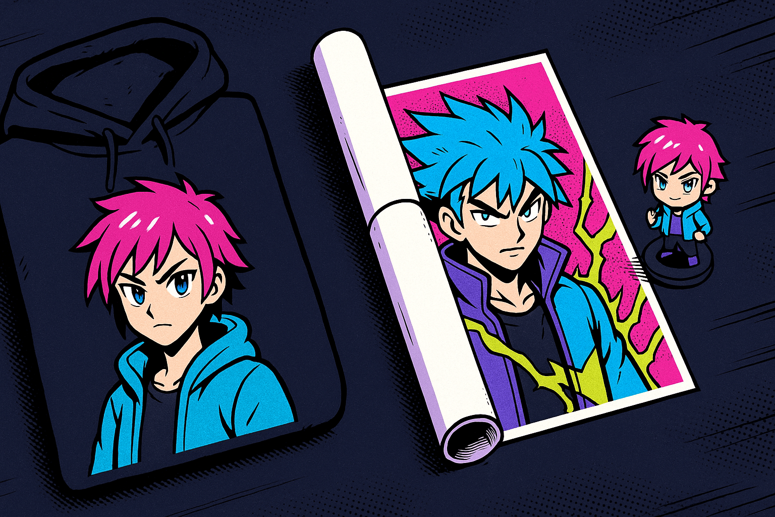 Flat-lay of NexusWave anime hoodies, prints and a figure arranged on a dark studio table